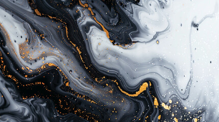 Dynamic and fluid, marble ink paints an abstract dreamscape against a white canvas, its glitters shimmering with the promise of endless exploration and creativity on a widescreen canvas.