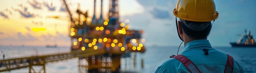 An oil worker looking out at an oil rig in the ocean. - obrazy, fototapety, plakaty
