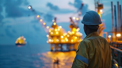 An oil worker looking out at the oil rig at night.