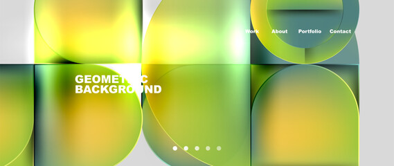 A fluid geometric background featuring green and yellow circles, resembling automotive lighting on a white backdrop. Shapes include rectangles and glass bottles, creating a liquidinspired design