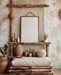  Mockup frame in nomadic boho interior background with rustic decor, 3d render 