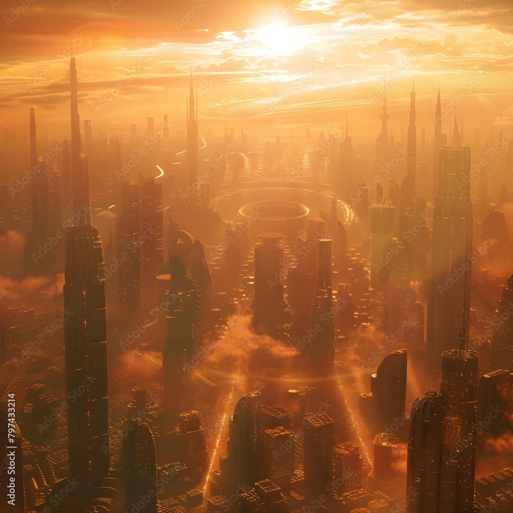 Poster An imagined skyline of a futuristic city enveloped in the warm glow of the setting sun, amidst clouds and towering structures.