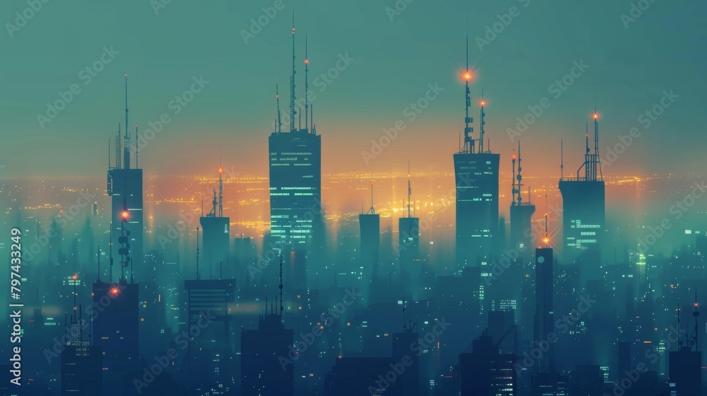 Poster a city skyline with multiple signal towers blending seamlessly into the urban landscape