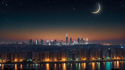 A night view of a city with many skyscrapers and a crescent moon in the sky.

