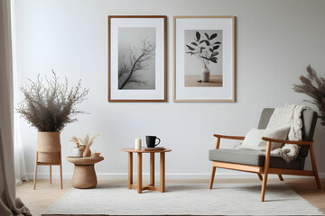 Modern composition of cozy living room interior with mock up poster frame, stylish armchair, wooden coffee table, ladder, carpet, vase with branch and personal accessories. Home decor. Template.