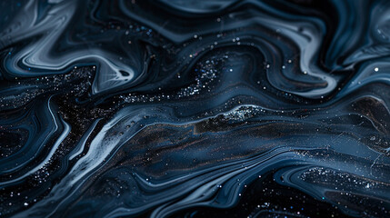 Dusky onyx marble ink cascading over a grim abstract canvas, twinkling with faint glitters.