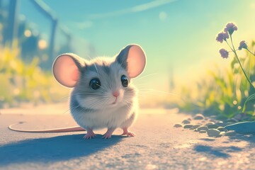 cute and happy cartoon mouse on the street