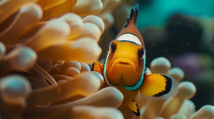 A close-up of a clownfish peeking out from an anemone, embodying the symbiotic relationship between marine species.