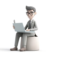 A graphics 3D character in Notion style, with a professional look and business attire, sitting at a desk on a white background, AI Generative