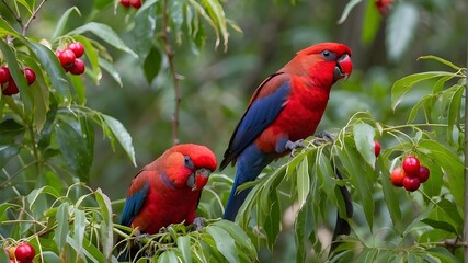 A duo of crimson rosellas feeding on ripe berries amidst a lush forest