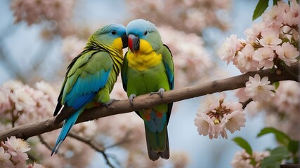 Two azure-winged parrots sharing a moment on a blossoming tree branch -