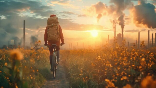 A Cyclist people wearing a pollution mask riding on a path near industries, sunshine