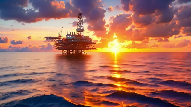 Oil rig and tanker in ocean at sunset. Concept Oil Rig, Tanker, Ocean, Sunset, Industrial Landscape