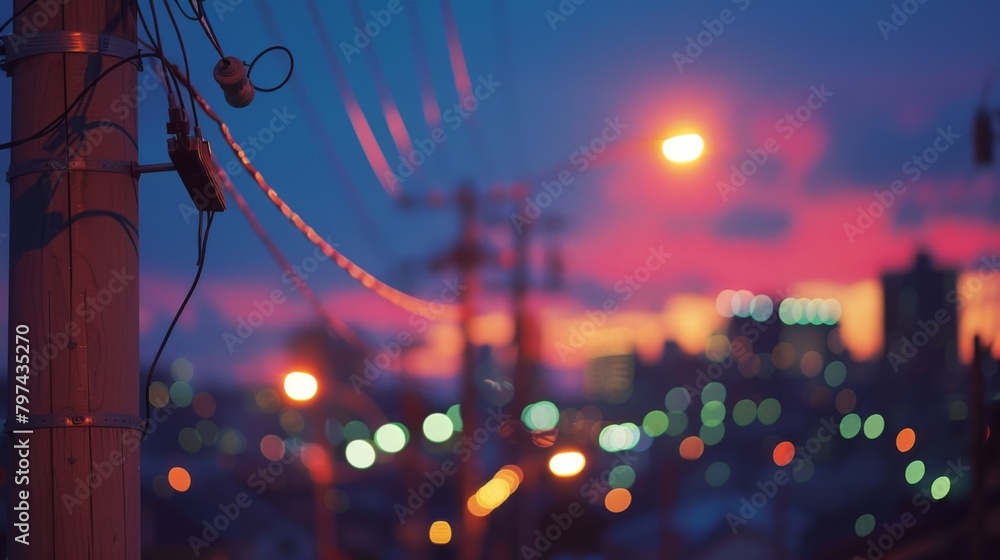 Poster a close-up of a power pole at dusk with colorful city lights in the background