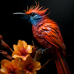 Obraz premium Colorful exotic bird on a branch with flowers isolated on black background