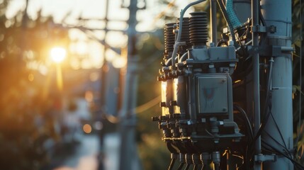 A close-up of a transformer attached to an electric power pole humming with energy - obrazy, fototapety, plakaty