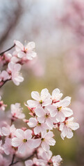 Fototapeta premium Cherry blossom in full bloom against stark minimalist landscape. Soft spring breeze brings petals to life