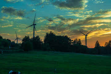 silhouettes of the rotating blades of a windmill propeller against the sunset sky. Wind energy...