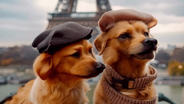 Two adorable dogs wearing berets pose in front of the Eiffel Tower. Concept Pets, Dogs, Cute, Travel, Paris