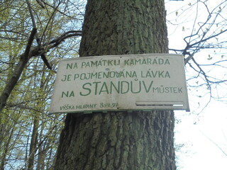 A metal plate hanging on a tree, carrying a name of a bridge,which was named after a person who lost his life at this place during a flood in 1997,in his memory