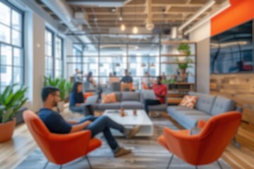 Blurred photo capturing the dynamic atmosphere of a modern open-plan office with people engaged in...