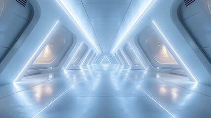 Futuristic Sci-Fi Illuminated White Triangular Corridor in Minimalist Modern Interior Design