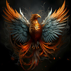 Fototapeta premium 3D rendering of a golden eagle with wings spread and fire on a black background