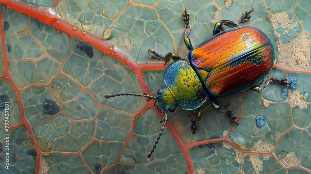 Aufkleber A colorful beetle exploring the textured surface of a leaf, adding a pop of nature's palette to the scene.