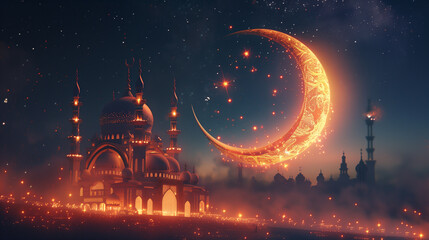 Eid Mubarak greeting with particles moon mosque, Blessed Festival.