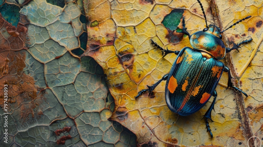 Poster A colorful beetle exploring the textured surface of a leaf, adding a pop of nature's palette to the scene.