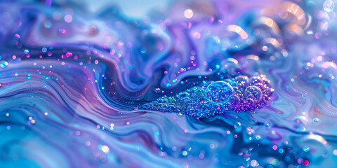 Dreamy indigo marble ink drifting across an abstract scene, illuminated by ethereal glitters.