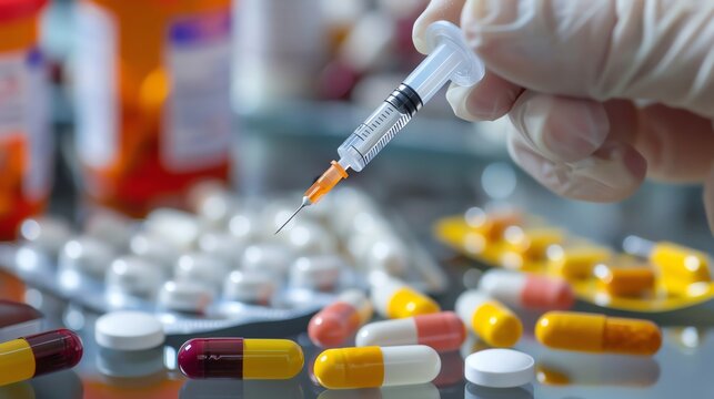 Close-up of a medical professional's hand holding a syringe, with assorted pills and capsules blurred in the background