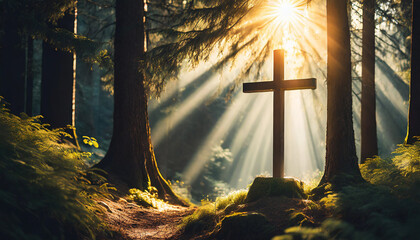 cross symbolizing faith and hope against dark forest backdrop with gentle backlighting - obrazy, fototapety, plakaty