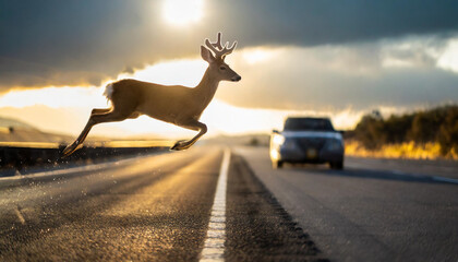 deer leaps over highway, symbolizing freedom and resilience, with blurred car backdrop