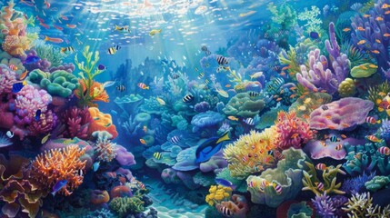 Obraz na płótnie Canvas A coral reef bustling with activity as fish of all shapes and sizes dart among the colorful corals, creating a vibrant underwater scene.
