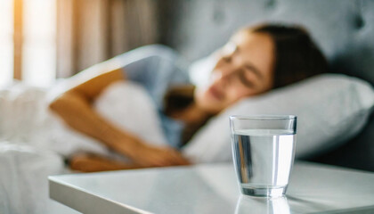 Clear glass of water and pill bottle on counter, with blurred sleeping person in background