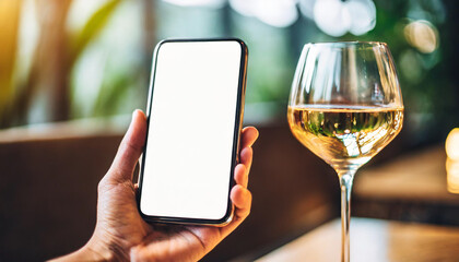 holding phone with blurred wine glass in background, symbolizing modern connectivity and leisure