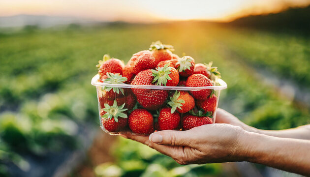 hand holds plastic box of strawberries against a radiant sunset backdrop, capturing the essence of fruitful harvest and nature's bounty