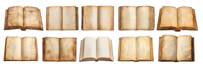 Old blank open books collection isolated on transparent background.