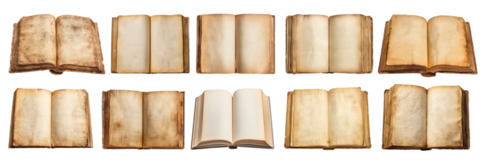 Old blank open books collection isolated on transparent background.