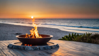 modern fire pit set against a sunset beach backdrop