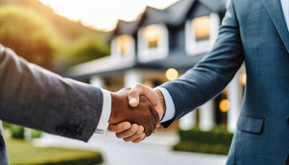 Real estate handshake and Agent and customer seal deal with home blurred in background