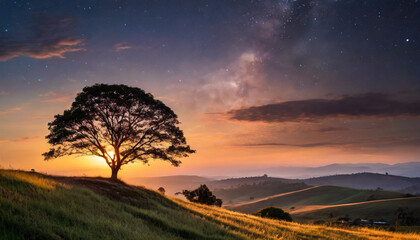 Silhouetted tree on hill at sunset with vibrant sky