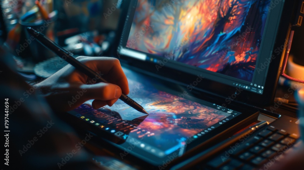 Fototapete a digital artist creating digital art using a stylus and graphics tablet, showcasing the fusion of t