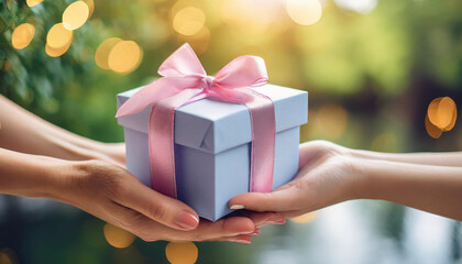 woman's hand offers bright pastel gift box to another woman's hand, symbolizing Mother's Day joy and appreciation