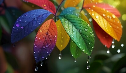 fresh colorful leaves with water droplets hanging on them. Make sure the details of the leaves and the clarity of the water droplets are clearly depicted - obrazy, fototapety, plakaty