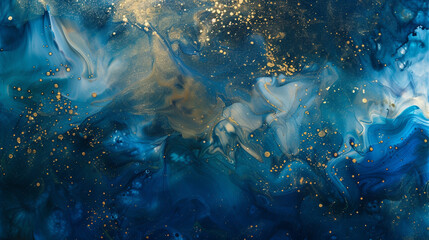 Dreamy indigo marble ink dances elegantly within a spellbinding abstract canvas, illuminated by ethereal glitters.