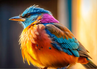 Vibrant Close-Up of a Colorful bird. colorful small bird sitting on blooming branch.A photography composition following the rule of thirds