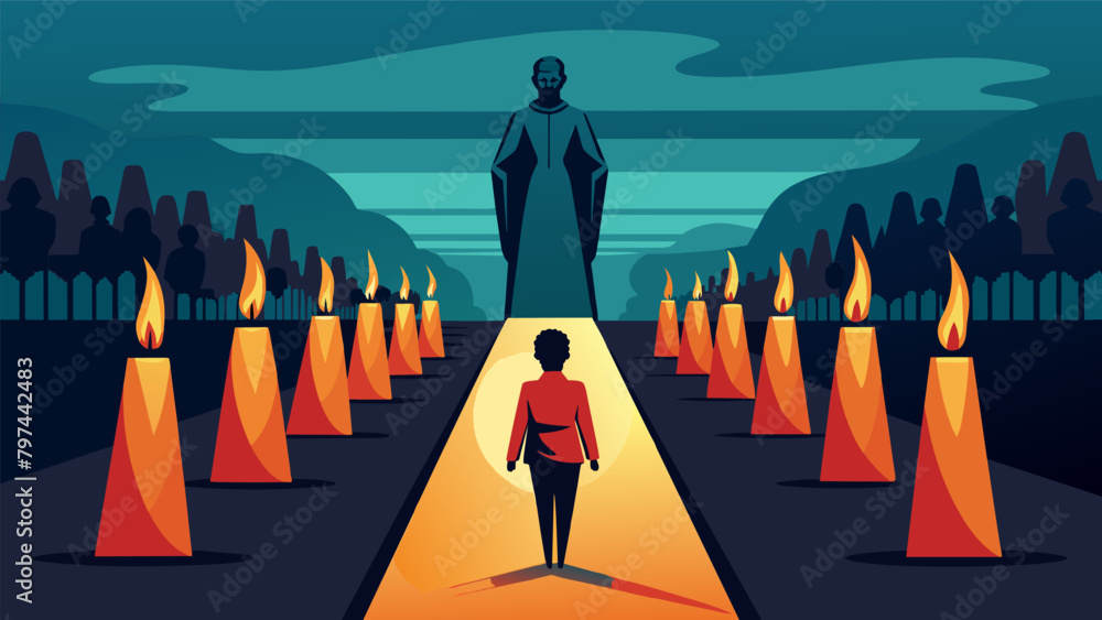 Poster a row of candles lining a path leading to a statue of an anonymous freedom fighter standing tall in 