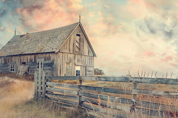 Soft pastel sky backdrop framing Thorpness Mill's rustic charm.